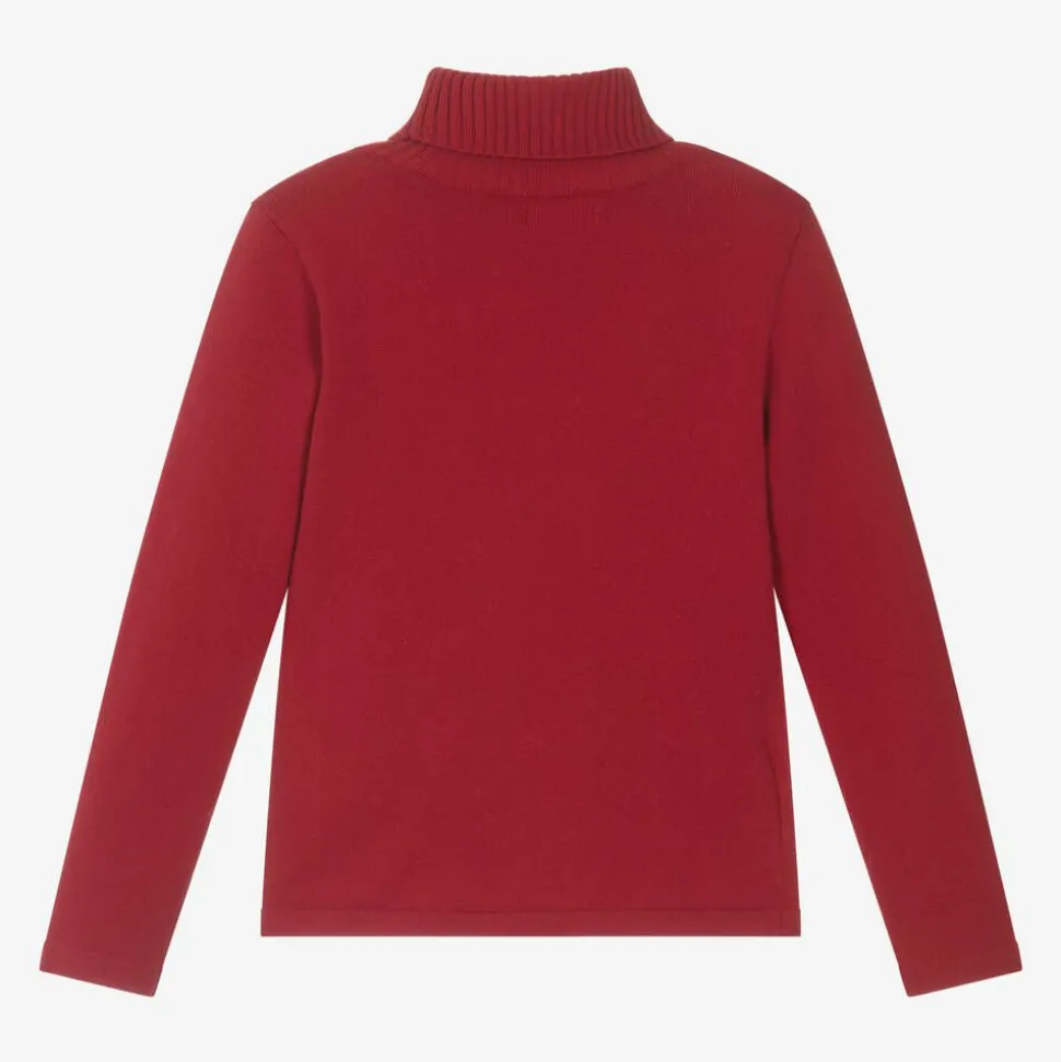 Girls Red Cotton Knit Roll Neck Sweater
