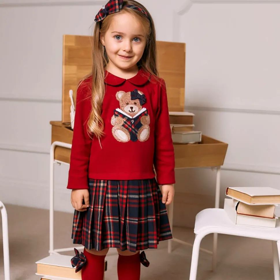 Girls Red Cotton Teddy Bear Dress