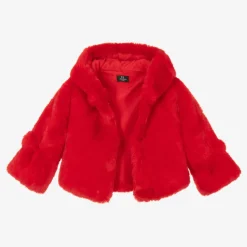 Girls Red Faux Fur Hooded Jacket