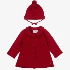 Girls Red Knitted Pram Coat & Hat Set