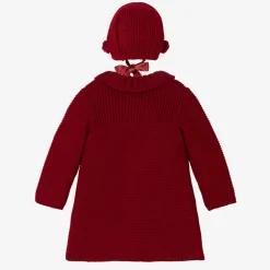 Girls Red Knitted Pram Coat & Bonnet Set