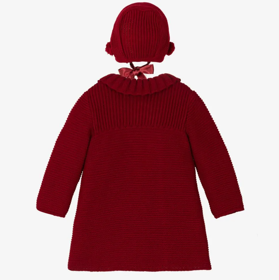 Girls Red Knitted Pram Coat & Bonnet Set