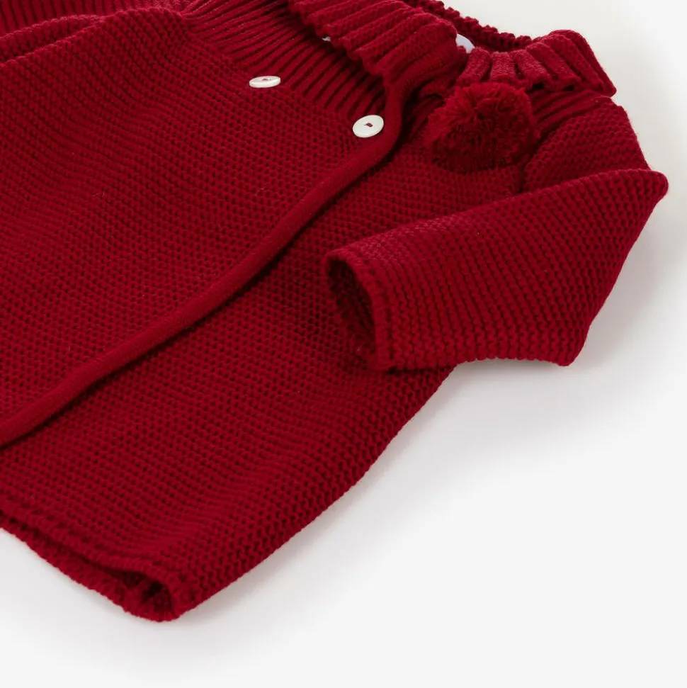 Girls Red Knitted Pram Coat & Bonnet Set