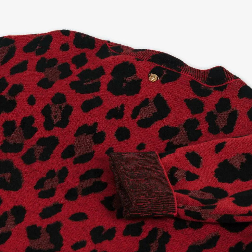 Girls Red Leopard Print Wool Sweater