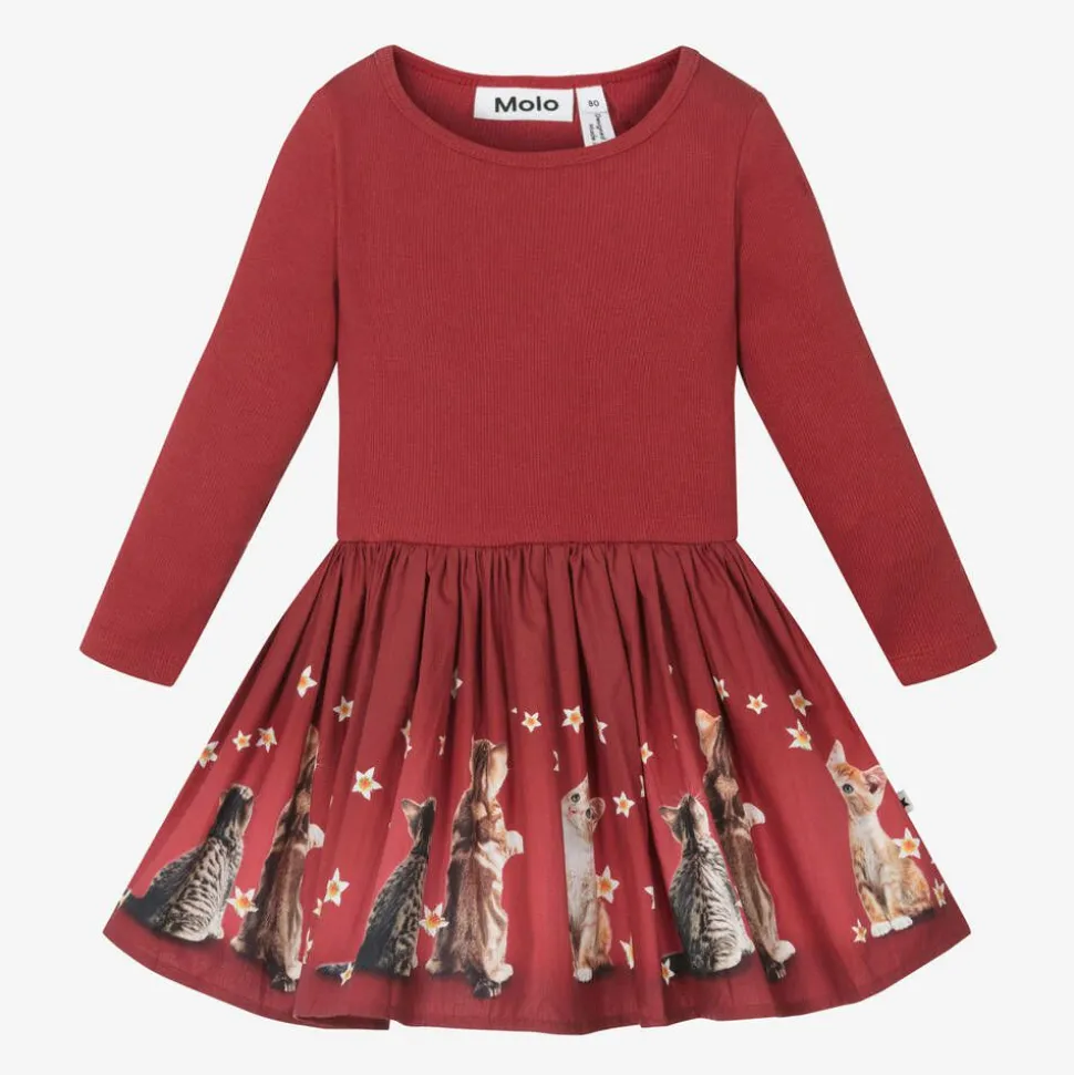 Girls Red Organic Cotton Kittens Dress