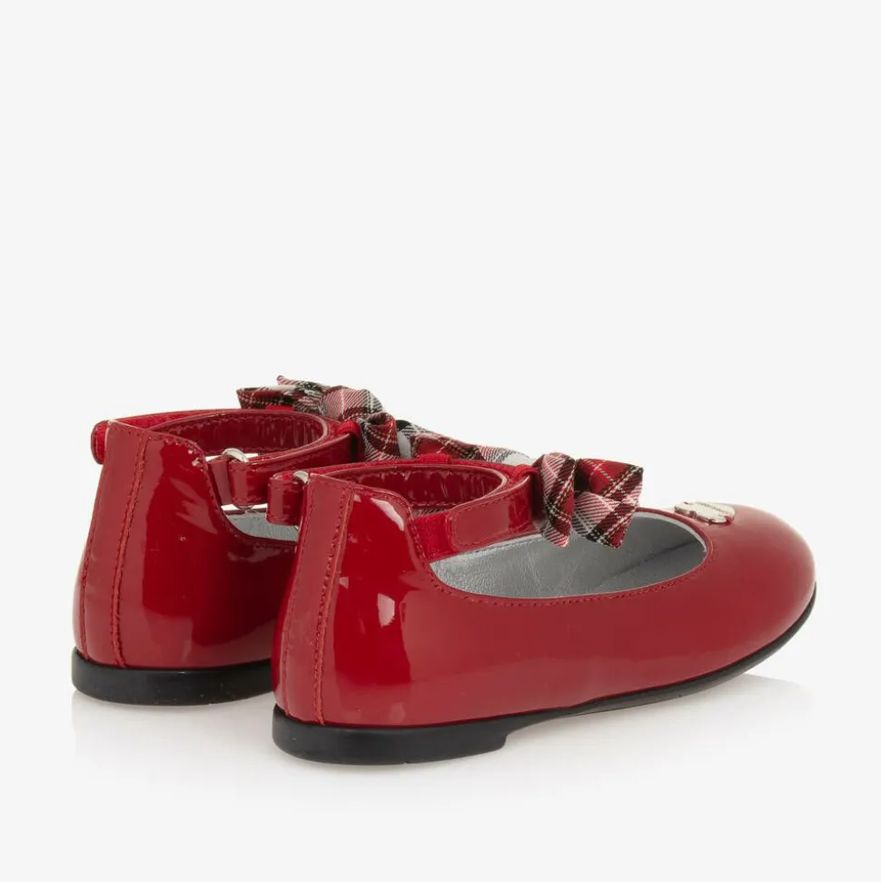 Girls Red Patent Leather Tartan-Bow Pumps