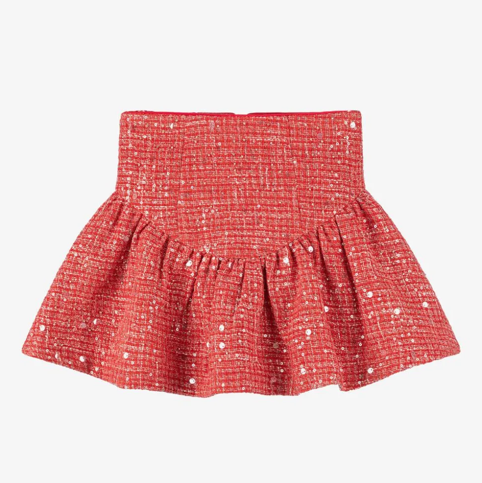 Girls Red Sequinned Tweed Skirt