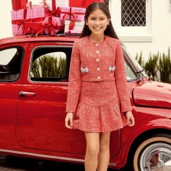 Girls Red Sequinned Tweed Skirt