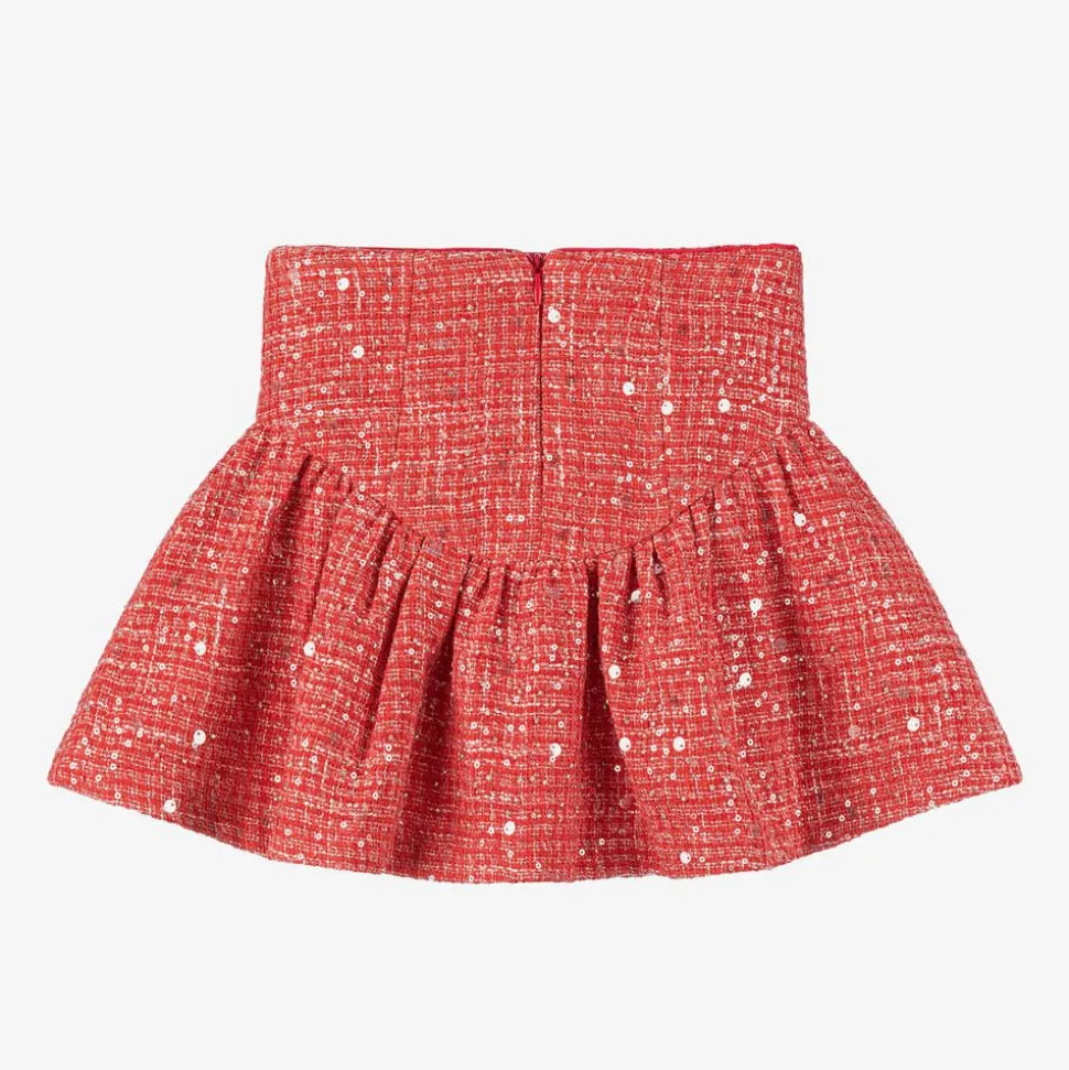 Girls Red Sequinned Tweed Skirt