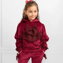 Girls Red Velour & Tulle Bow Tracksuit
