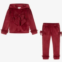Girls Red Velour & Tulle Bow Tracksuit