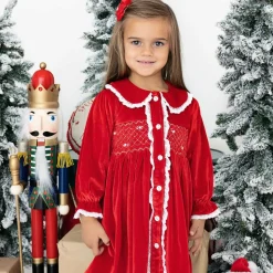 Girls Red Velour Smocked Dressing Gown