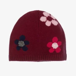 Girls Red Wool Flower Beanie Hat