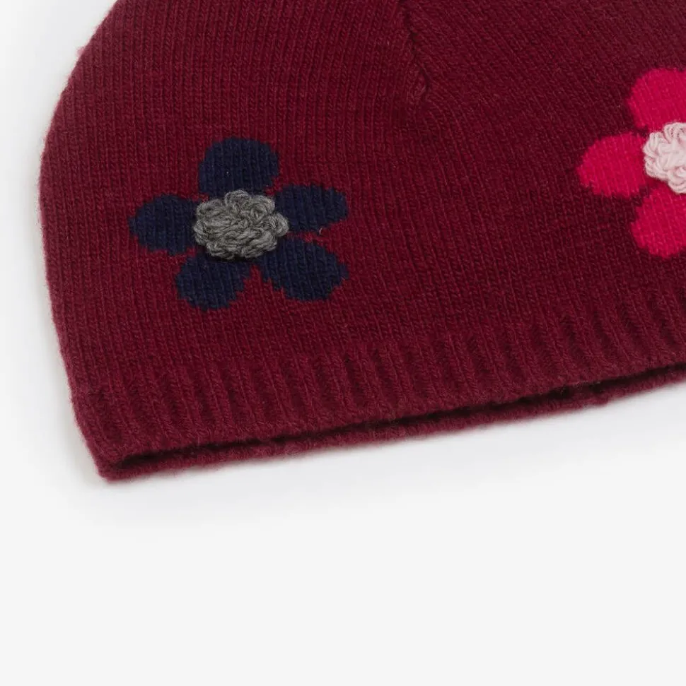 Girls Red Wool Flower Beanie Hat