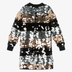 Girls Silver & Black Striped Sequin Dress
