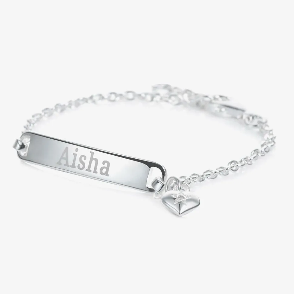 Girls Silver Diamond Charm ID Bracelet