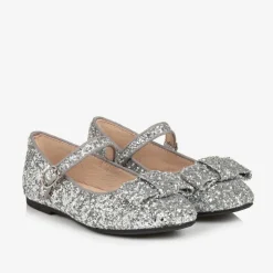 Girls Silver Glitter Bow Pumps
