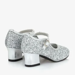 Girls Silver Glitter Heeled Shoes