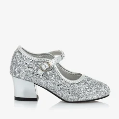 Girls Silver Glitter Heeled Shoes