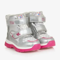 Girls Silver Heart Print Snow Boots