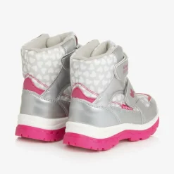 Girls Silver Heart Print Snow Boots