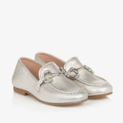 Girls Silver Leather Loafers