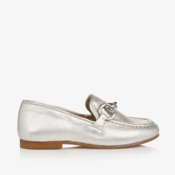 Girls Silver Leather Loafers