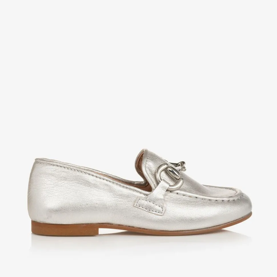 Girls Silver Leather Loafers