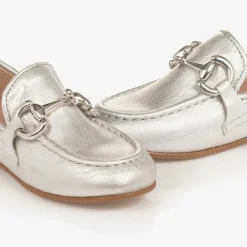 Girls Silver Leather Loafers
