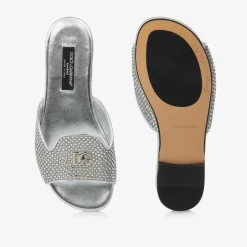 Girls Silver Leather Rhinestone Sliders