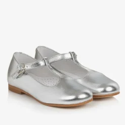 Girls Silver Leather T-Bar Shoes