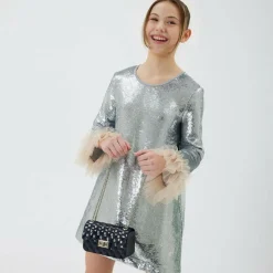 Girls Silver Sequin & Tulle Dress