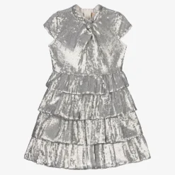 Girls Silver Tiered Sequinned Tulle Dress