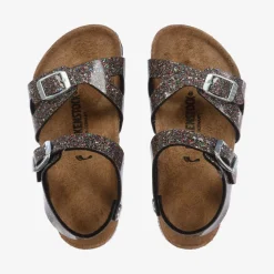 Girls Sparkly Black Buckle Sandals