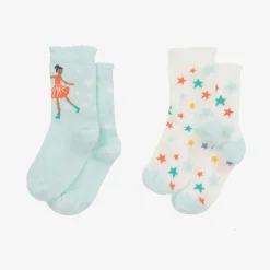 Girls White & Blue Cotton Socks (2 Pack)