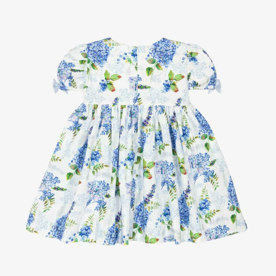 Girls White & Blue Floral Cotton Dress