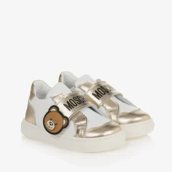 Girls White & Gold Leather Bear Trainers