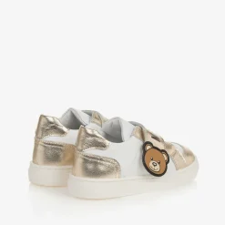 Girls White & Gold Leather Bear Trainers
