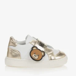 Girls White & Gold Leather Bear Trainers