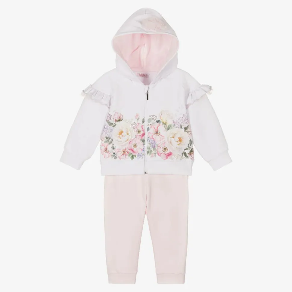 Girls White & Pink Cotton Tracksuit