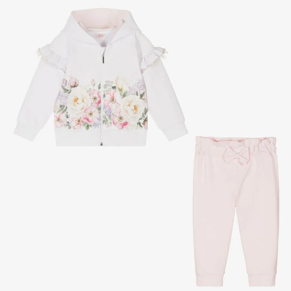 Girls White & Pink Cotton Tracksuit