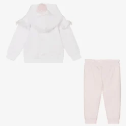 Girls White & Pink Cotton Tracksuit