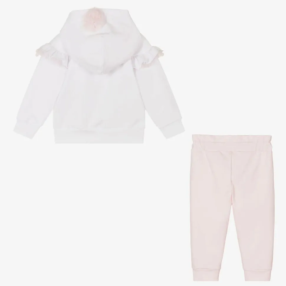 Girls White & Pink Cotton Tracksuit