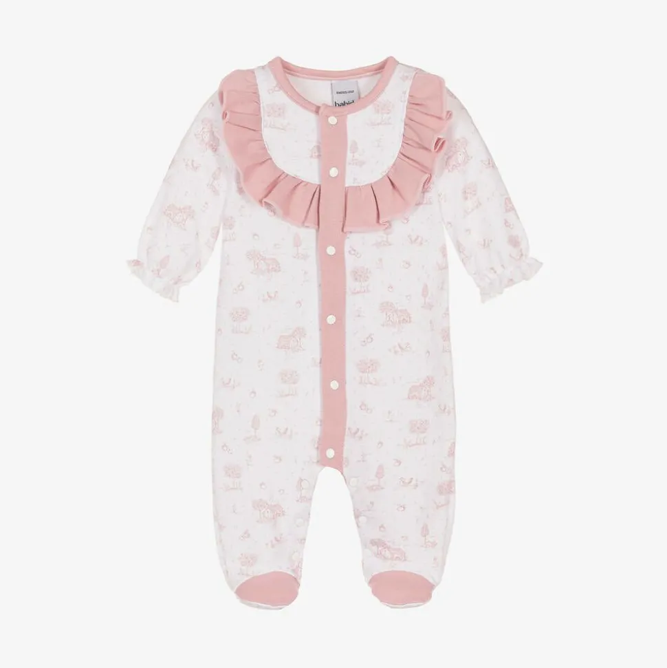 Girls White & Pink Cotton Babygrow