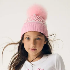 Girls White & Pink Knitted Beanie Hat