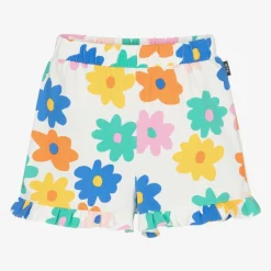 Girls White Cotton Floral Print Shorts