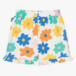 Girls White Cotton Floral Print Shorts