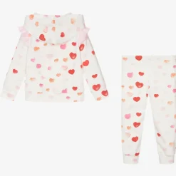 Girls White Cotton Heart Print Tracksuit