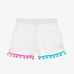 Girls White Cotton Pom-Pom Shorts