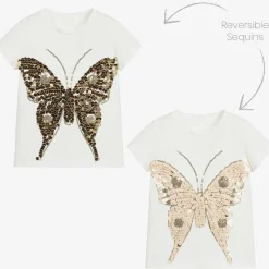 Girls White Cotton Sequin Butterfly T-Shirt